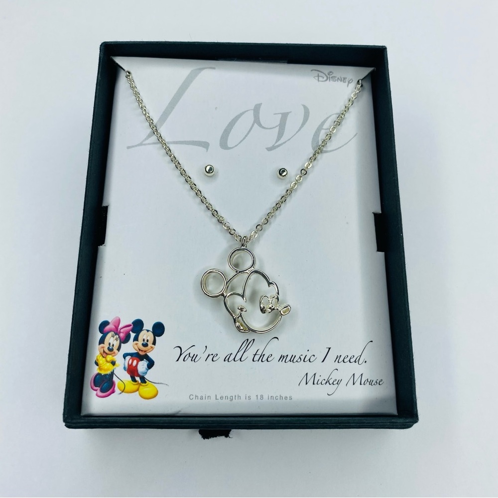 Disney Mickey Mouse Pendant Necklace New With Stud Earrings